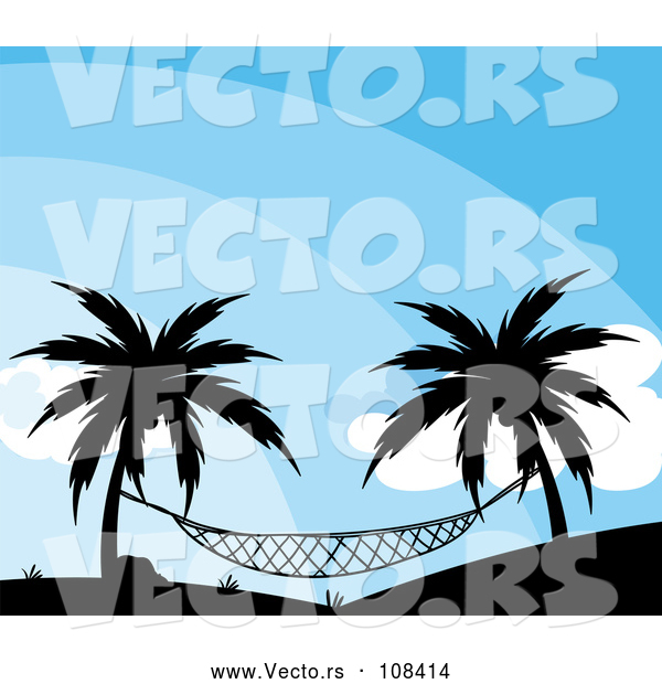 Vector of Silhouetted Hammock Suspended Between Palm Trees Against a Blue Sky