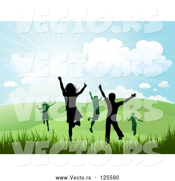 Vector of Silhouetted Happy Children Running and Jumping in a Hilly Summer or Spring Landscape