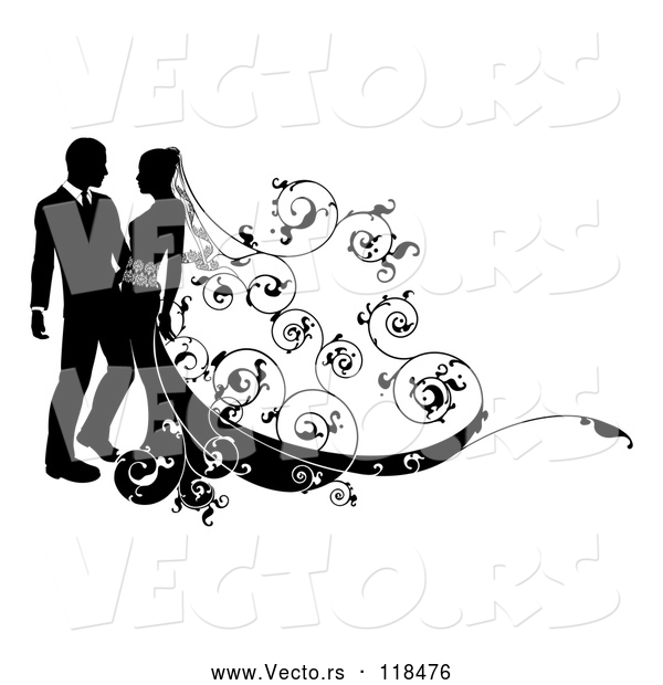 Vector of Silhouetted Wedding Couple with Ornate Swirls