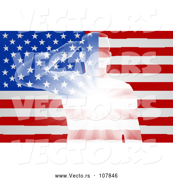 Vector of Silhouetted White Light Saluting Soldier over an American Flag with Rays