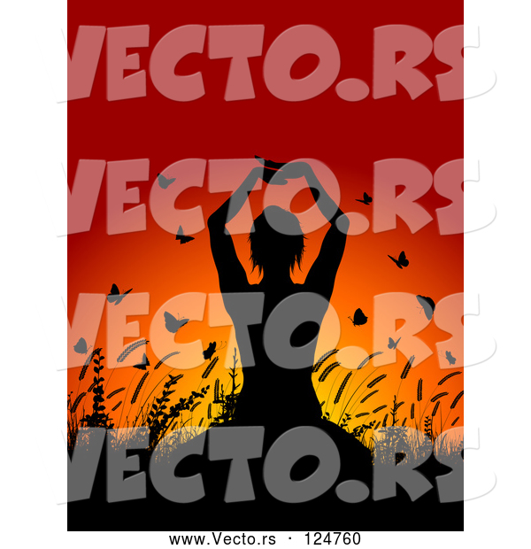 Vector of Silhouetted Yoga Lady with Plants and Butterflies Against a Sunset