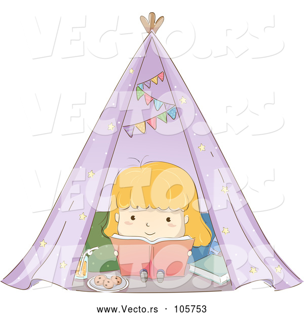 Vector of Sketched Blond White Girl Reading a Book in a Tent