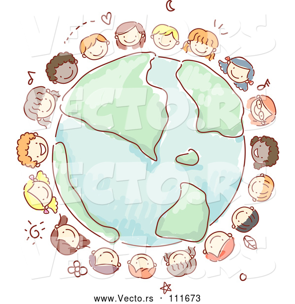 Vector of Sketched Circle of Happy Kid Faces Around Planet Earth