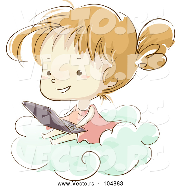 Vector of Sketched Girl Using a Laptop on a Cloud