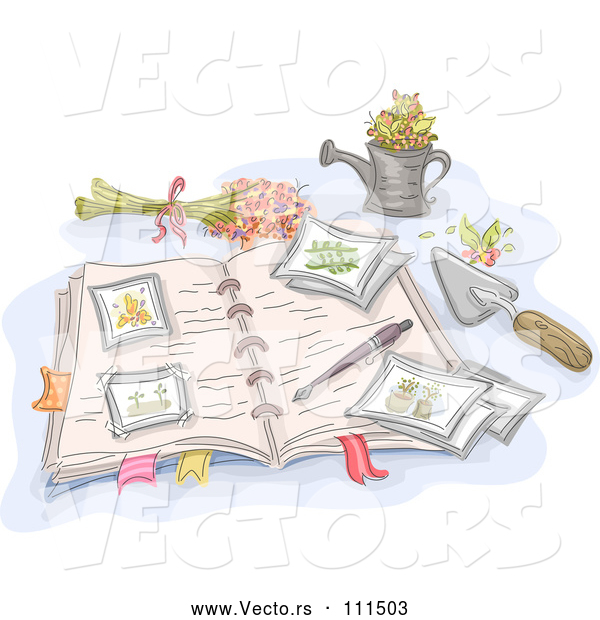 Vector of Sketched Open Garden Journal with Flowers and Tools
