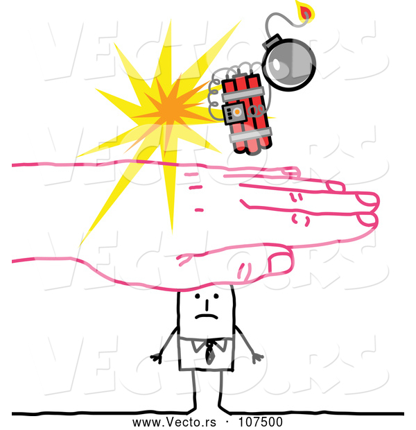Vector of Sketched Pink Hand Protecting a Stick Businessman from a Bomb