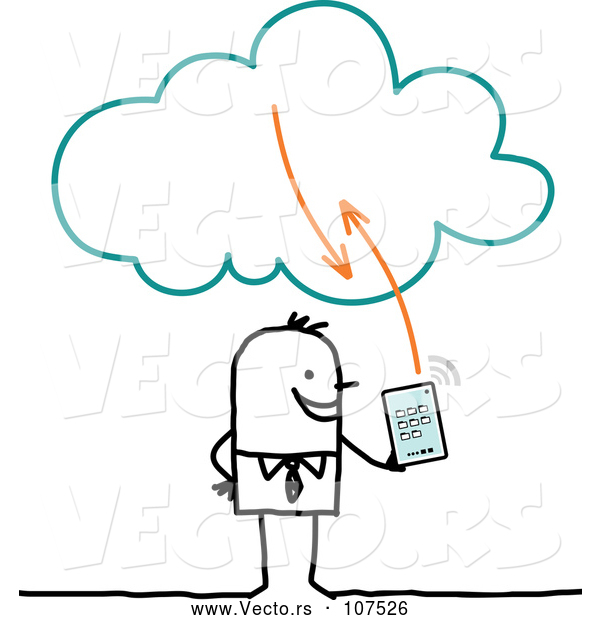 Vector of Sketched Stick Businessman Using a Tablet on the Cloud