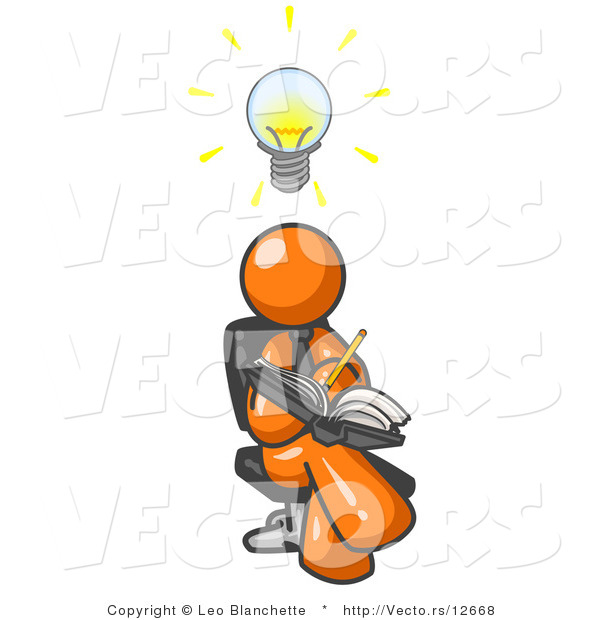 Vector of Smart Orange Guy Seated with His Legs Crossed, Brainstorming and Writing Ideas down in a Notebook, Lightbulb over His Head