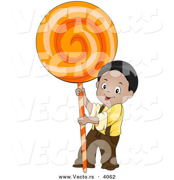 Vector of Smiling Cartoon Boy with Big Orange Candy Sucker