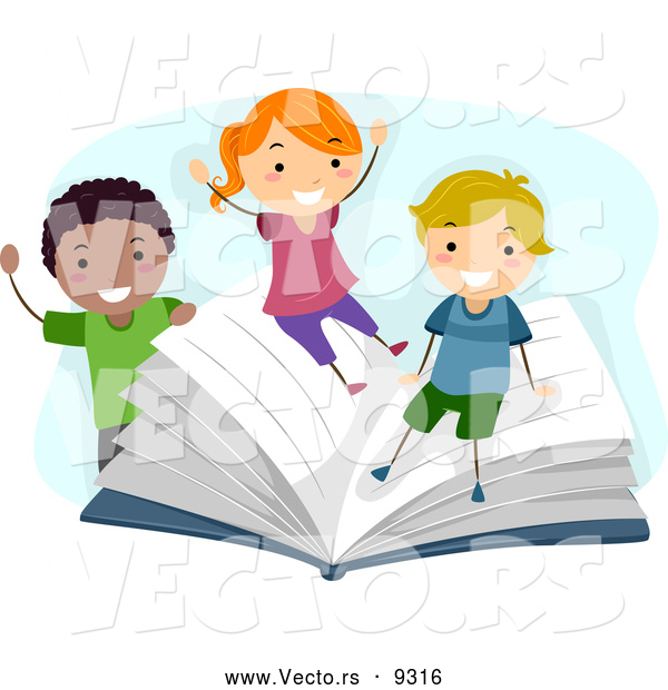 Vector of Smiling Diverse Cartoon Children Playing on a Giant School Book
