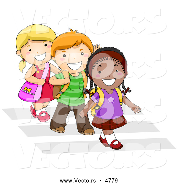 Vector of Smiling Diverse Cartoon School Kids Walking on Crosswalk Together