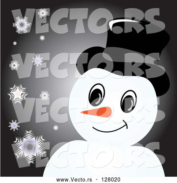 Vector of Smiling Snowman with a Hat over Black with Snowflakes