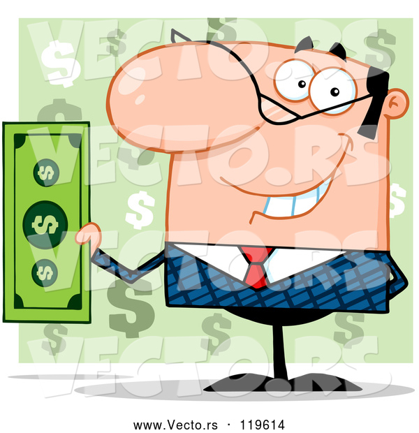 Vector of Smiling White Businessman Holding Cash and One Hand Behind His Back, over Green Question Marks