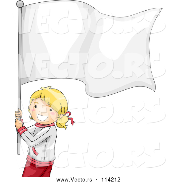Vector of Smiling Young Blond White Girl Carrying a Blank Flag