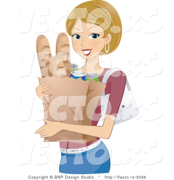 Vector of Smiling Young Woman Carrying a Grocery Bag with Bread