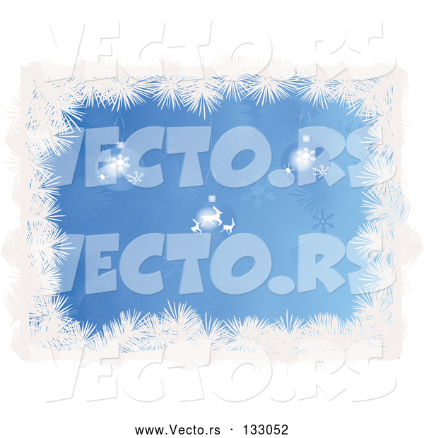 Vector of Snowflake and Reindeer Patterned Christmas Baubles Hanging over a Blue Snowflake Background Bordered by White Tinsel