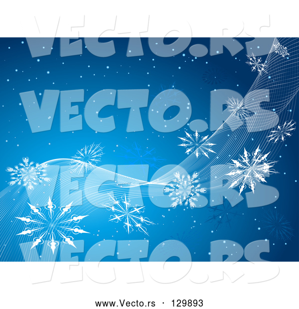 Vector of Snowy Blue Background with White Waves and Snowflakes Spanning Diagonally Across