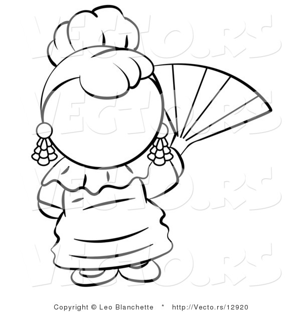 Vector of Spanish Girl Waving a Hand Fan - Coloring Page Outlined Art