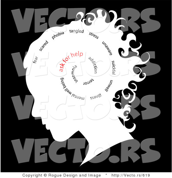 Vector of Spiraling Words Inside Woman's Head, Ask for Help