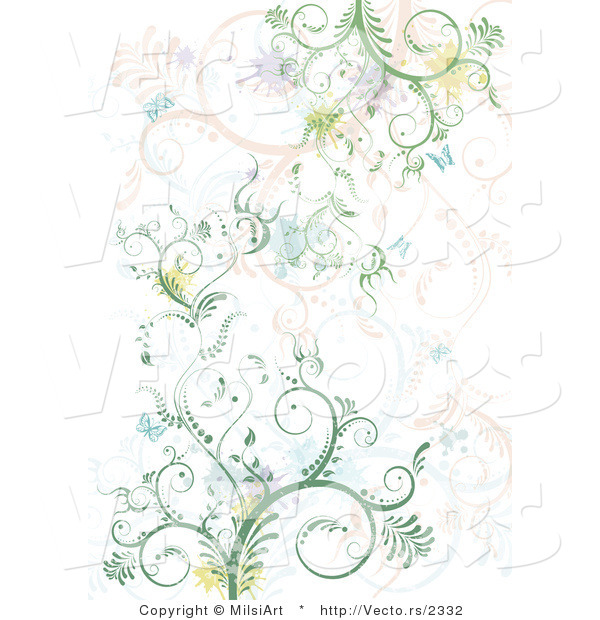 Vector of Splatters and Butterflies with Green, Blue and Pink Vines - Background Design