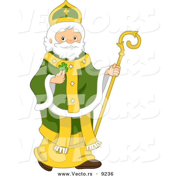 Vector of St. Patrick Holding a Lucky Irish Clover and Staff