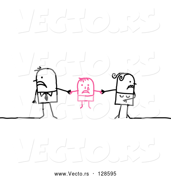 Vector of Stick People Character Couple Playing Tug of War on Their Child While Getting a Divorce