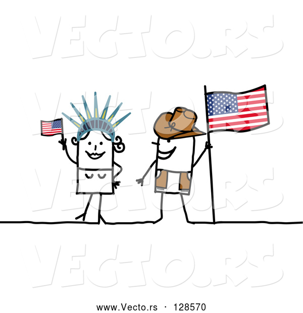 Vector of Stick People Character Couple Touring America, with a Flag and Statue of Liberty