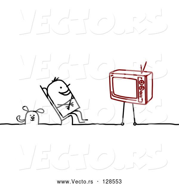 Vector of Stick People Character Guy and Dog Watching TV