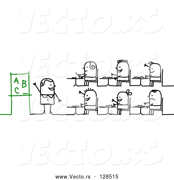 Vector of Stick People Character Teacher and Students Learning the Alphabet