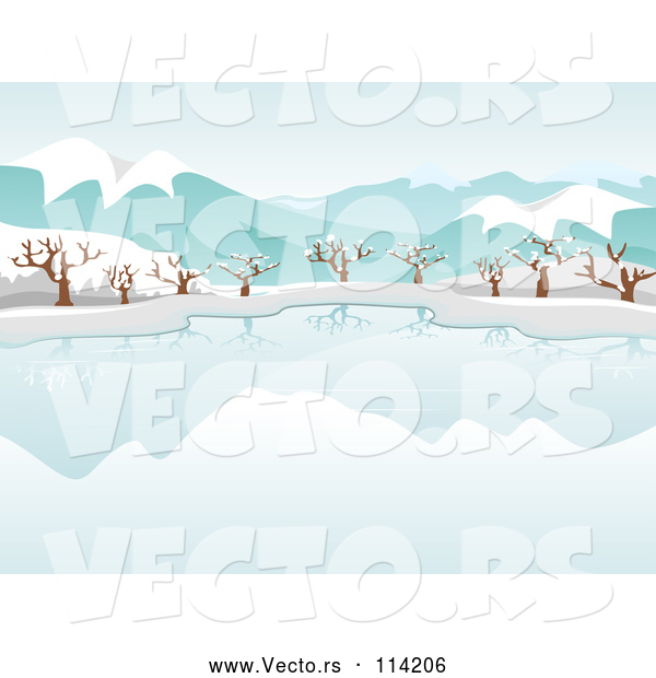 Vector of Still Frozen Lake and Bare Trees with Snow and Mountains