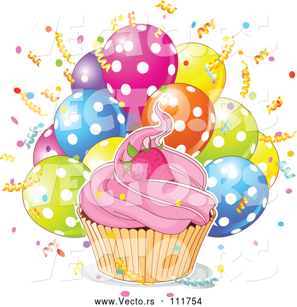 Vector of Strawberry Cupcake with a White Ouline over Confetti and Polka Dot Balloons