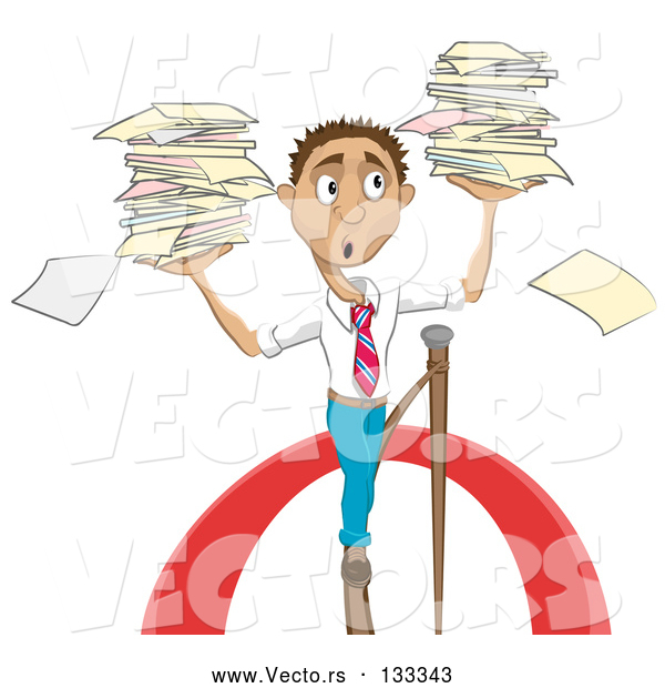 Vector of Stressed Cartoon Business Man Carrying Stacks of Papers While Walking on a Tightrope