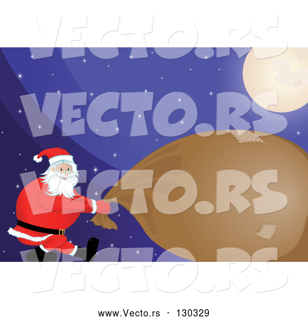 Vector of Strong Santa Pulling Heavy Gift Sack Under a Bright Moon on a Snowy Christmas Eve Night
