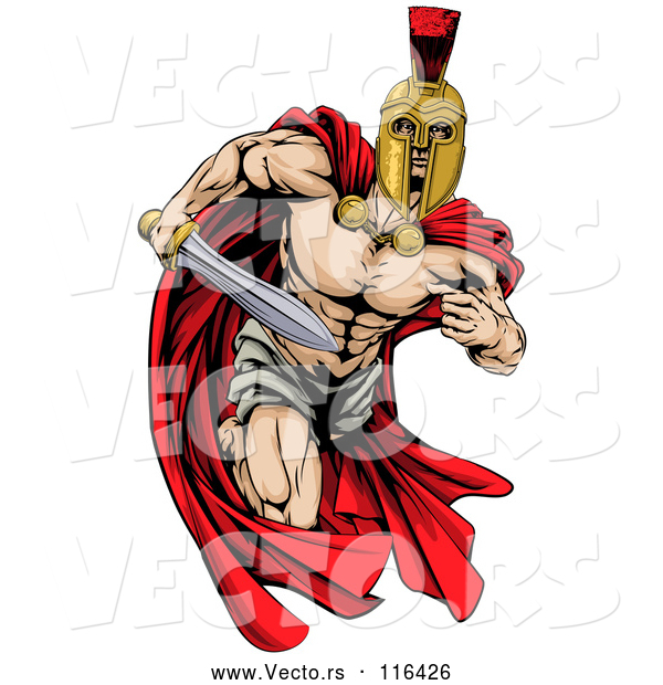 Vector of Strong Spartan Trojan Warrior Mascot Running with a Sword