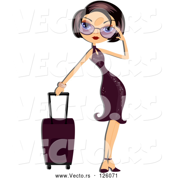 Vector of Stylish Woman Adjusting Her Shades and Standing by Her Rolling Suitcase