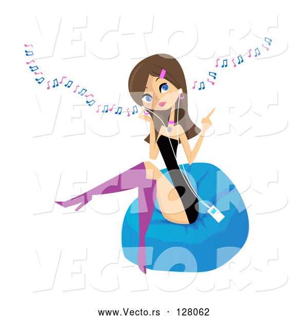 Vector of Stylish Young Brunette Lady Sitting on a Bean Bag and Listening to Music Through an Mp3 Player