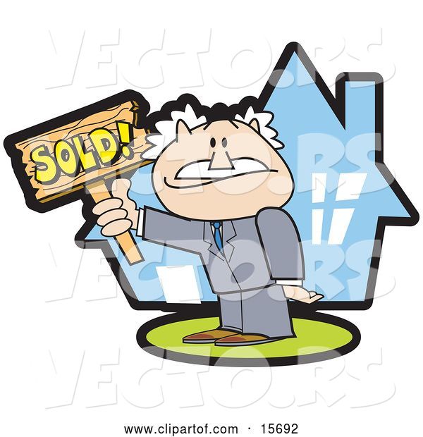 Vector of Successful Male Realtor Standing in Front of a House and Holding a Sold Sign