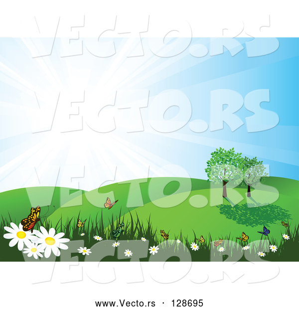 Vector of Summer Nature Scene of Butterflies on Flowers in a Meadow