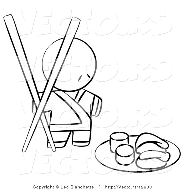 Vector of Sushi Chef with Giant Chopsticks - Coloring Page Outlined Art