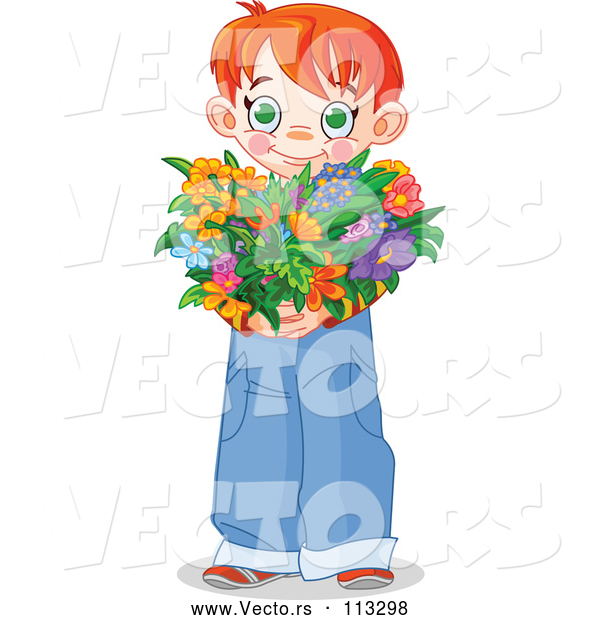 Vector of Sweet Red Haired White Boy Holding a Heart Shaped Flower Bouquet for Valentines or Mothers Day