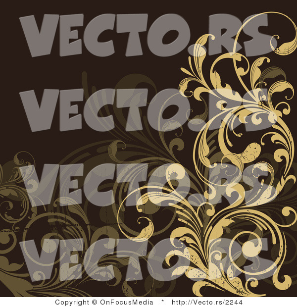 Vector of Tan and Brown Floral Scrolls and Vines over Brown Background Design