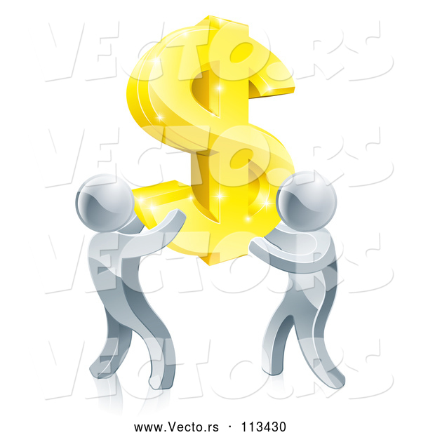 Vector of Team of 3d Silver Men Carrying a Giant Gold USD Dollar Symbol