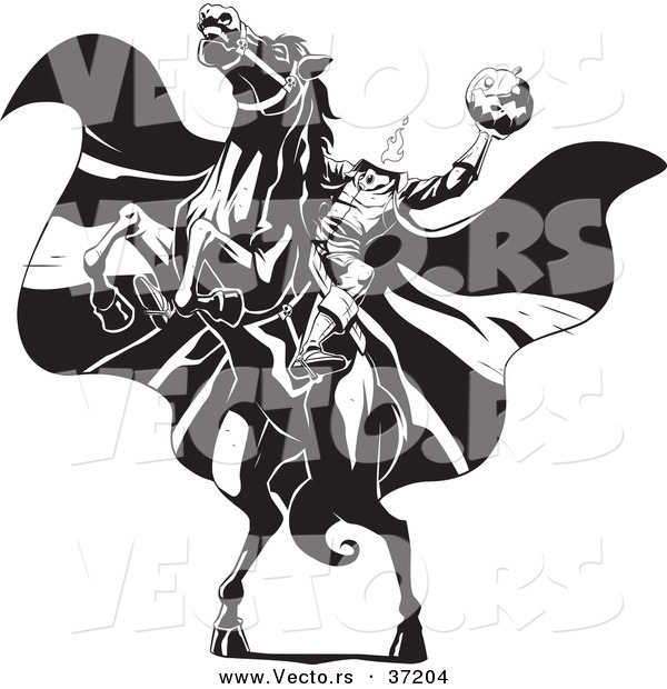 Vector of the Headless Horseman Rearing up on His Horse - Black and White Line Art