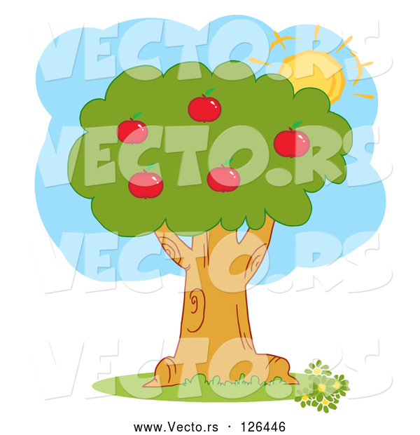 Vector of the Summer Sun Behind a Healthy Red Apple Tree