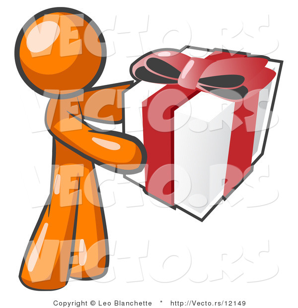 Vector of Thoughtful Orange Guy Holding a Christmas, Birthday, Valentine's Day or Anniversary Gift Wrapped in White Paper with Red Ribbon and a Bow