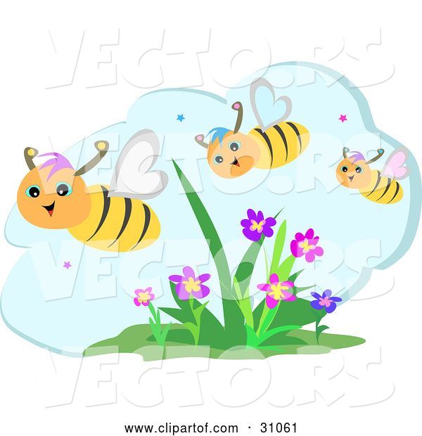 Vector of Three Happy Honey Bees Flying over Flowers on a Beautiful Day