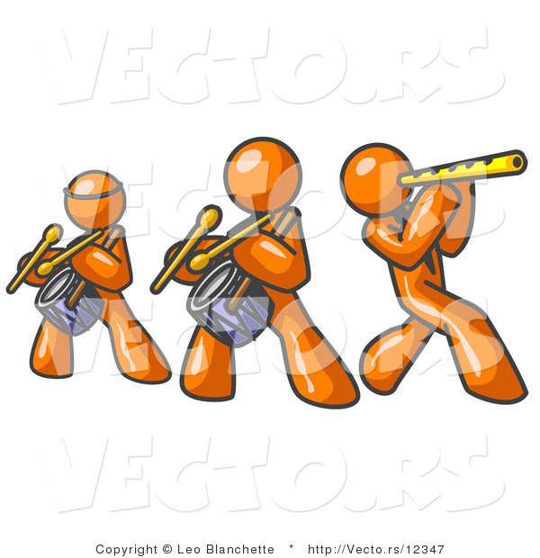 Vector of Three Orange Guys Playing Flutes and Drums at a Music Concert