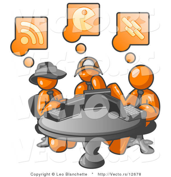 Vector of Three Orange Guys Using Laptops in an Internet Cafe