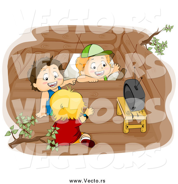 Vector of Three White Boys Watching Tv in a Tree House