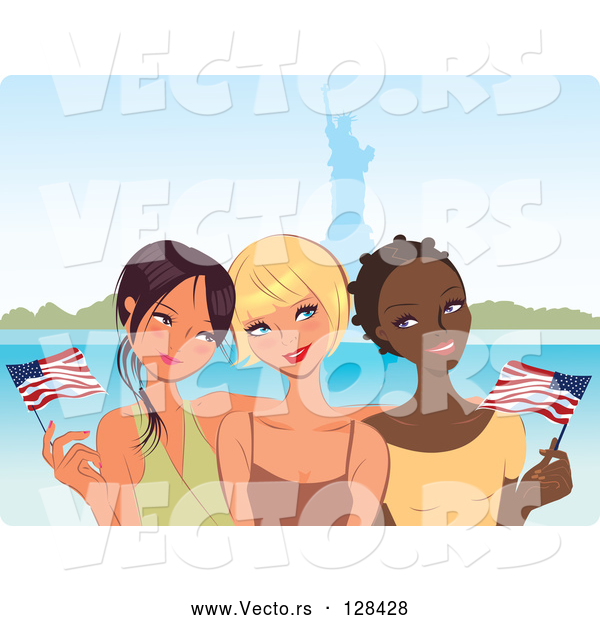 Vector of Three Young Diverse Girlfriends Waving American Flags near the Statue of Liberty
